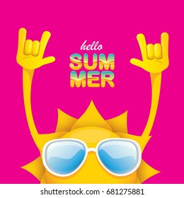 hello summer funky rock n roll vector label isolated on pink background. summer party background with funky sun character design template. vector summer fun poster