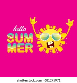 hello summer funky rock n roll vector label isolated on pink background. summer party background with funky sun character design template. vector summer fun poster