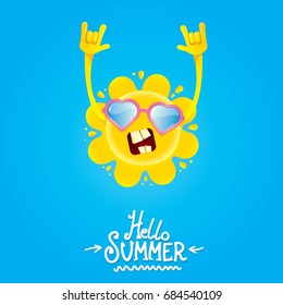 hello summer funky rock n roll vector label isolated on white. summer party background with funky sun character design template. vector summer party poster