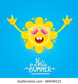 hello summer funky rock n roll vector label isolated on white. summer party background with funky sun character design template. vector summer party poster