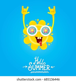 hello summer funky rock n roll vector label isolated on white. summer party background with funky sun character design template. vector summer party poster