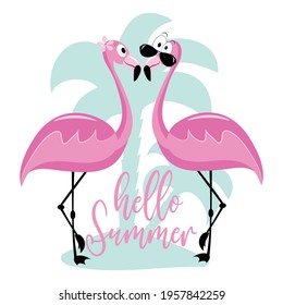 Hello Summer- funny flamingos with palm tree. Good for greeting card, poster, banner, textile print, and other gift design.