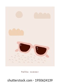 Hello Summer. Funny Hand Drawn Tropical Party Vector Illustration with Pink Sunglasses Isolated on a Light Cream Background. Simple Infantile Style Summer Print ideal for Wall Art, Card, Poster.