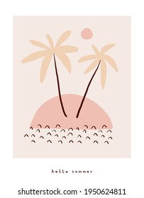 Hello Summer. Funny Hand Drawn Tropical Party Vector Illustration with Palms, Clouds and Sun Isolated on a Light Cream Background. Simple Infantile Style Summer Print ideal for Wall Art, Card, Poster.