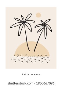 Hello Summer. Funny Hand Drawn Tropical Party Vector Illustration with Palms, Clouds and Sun Isolated on a Light Cream Background. Simple Infantile Style Summer Print ideal for Wall Art, Card, Poster.