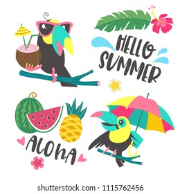 Hello summer. Funny Toucan in sunglasses holds a coconut cocktail. Another Toucan sits on a tree branch with a bright umbrella. Tropical leaves, flowers and fruit. Set of elements for the design of a 