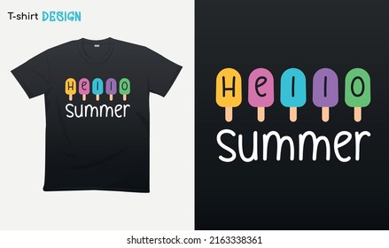 "Hello summer". Funny summer vibes illustration . Retro style . Ice cream Illustration. T-shirt mock up vector. Eps 10 vector