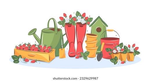 Hello summer garden. Gardening, growing plants, agricultural tools. Watering can and strawberries in boxes. Vector illustration for poster, banner and advertisement