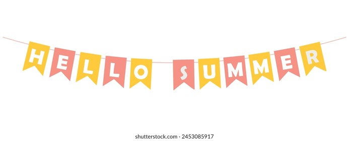 hello summer garland, hanging pink and yellow pennants, bright lettering banner, festive vector decorative element