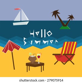 Hello summer geometric vector illustration. Summer holidays  set with sky, ocean, sailer, deck chair and cocktails. 