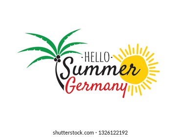 Hello Summer in Germany Logo, Wording Design, Wall Decals, Art Decor, T-shirt Design, Hat Design, Cup Design. Vector. Palm Three and Sun Illustration, Isolated Logo on white background
