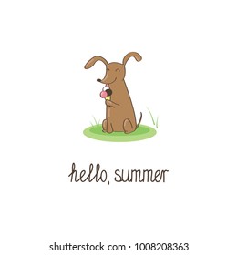 Hello Summer gift card with lettering and a little cute dachshund puppy sitting on a meadow and licking several scoops of ice cream. Vector illustration on a white background.