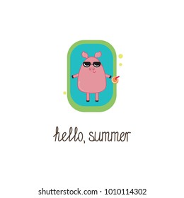 Hello Summer gift card with lettering and a little cute piglet sunbathing in a small pool or bath, wearing sunglasses, with a cocktail with a straw beside it. Vector illustration on a white background