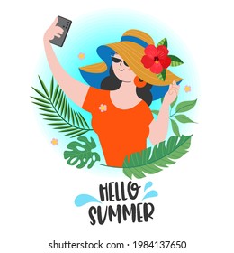 Hello summer. The girl in the hat takes a selfie. Vector illustration.