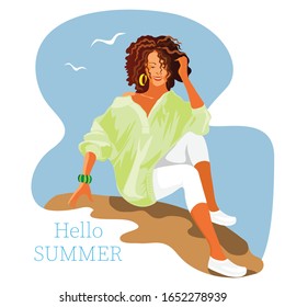 Hello summer. Girl on the beach, in a loose shirt and breeches. Traveling on vacation. Against the background of blue sky. Vector retro illustration.
