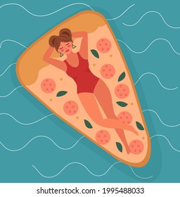 Hola chica de verano en un colchón de pizza de natación en el mar o en la piscina. Ilustración de vacaciones de verano. Vector