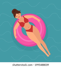 Hello summer girl on a swimming ring swims in the sea or pool. Summer vacation illustration. Vector