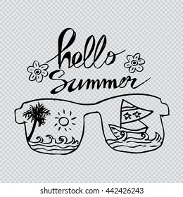  Hello Summer with Glasses and view on beach. Hand drawing illustration.