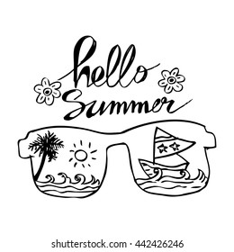  Hello Summer with Glasses and view on beach. Hand drawing illustration.