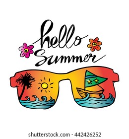  Hello Summer with Glasses and view on beach. Hand drawing illustration.