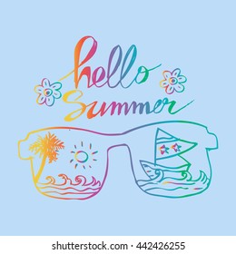  Hello Summer with Glasses and view on beach. Hand drawing illustration.
