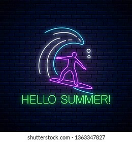 Hello summer glowing neon sign with surfer in ocean wave on dark brick wall background. Man on surfboard on waves. Symbol of summer leisure on vacation. Vector illustration.