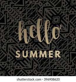 Hello summer gold hipster boho chic background with aztec tribal mexican texture. Minimal printable journaling card, creative card, art print, minimal label design for banner, poster, flyer.