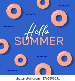 Hello summer graphic with donut pool float flat design
