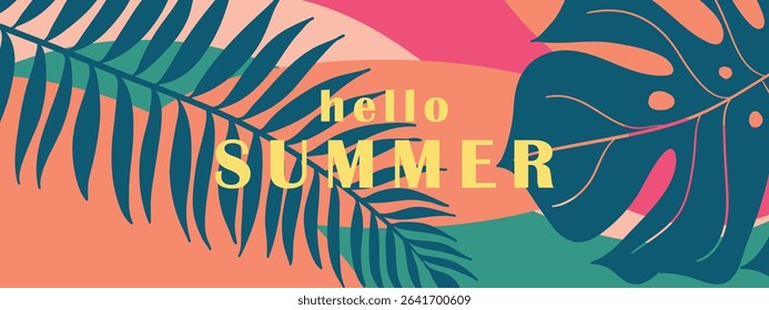Hello Summer Graphic with Tropical Leaves and Colorful Background