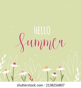 Hello summer. Green banner with pink and white spring flowers. Flat isolated flowers and plants