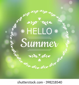 Hello Summer green card design with a textured abstract background and text in round frame, vector illustration.  Lettering design element