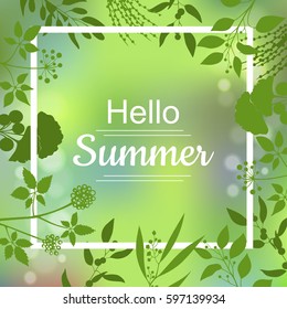 Hello Summer green card design with a textured abstract background and text in square floral frame, vector illustration. Lettering design element