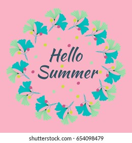 Hello summer green circle. Vector illustration of leaves on pink.