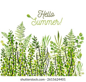 Hello summer. Green field grass hand drawing. Not AI Vector illustration.