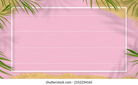 Hello summer with green nature tropical palm leaf with shadow on pink wooden background for Travel,Vacation concept.Top view Summer banner backdrop with copy space for addvertise, Sale promotion