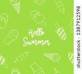 Hello summer green vector card. Hand drawn ice cream seamless pattern
