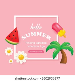 Hello summer greeting background. Summer decoration with coconut trees, flower, ice cream and watermelon 3d style.
