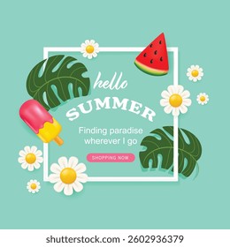 Hello summer greeting background. Summer decoration with coconut trees, flower, ice cream and watermelon 3d style.