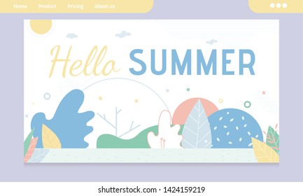Hello Summer Greeting Banner with Abstract Design. Invitation for Best Season Vacation. Advertising Template. Printable Promo Cover or Tour Agency Webpage. Sales Discount Offer. Vector Illustration