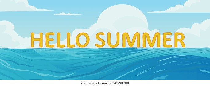 hello summer, greeting banner background, tropical sea, ocean breeze, bright clear blue sky , white cloud, wide web cover.