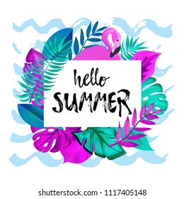 Hello Summer greeting banner. Tropical palm leaves and Pink Flamingo on hand drawn brush background with waves. Vector illustration EPS 10 file