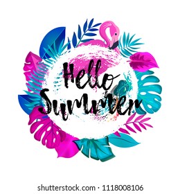 Hello Summer greeting banner. Tropical palm leaves and Pink Flamingo on hand drawn brush background. Vector illustration EPS 10 file