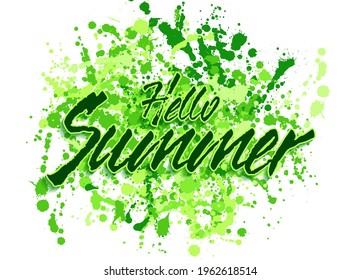 Hola diseño vectorial de banner de saludo de verano. Etiqueta con salpicaduras de pincel de color de agua pintadas a mano y texto. Hola a la temporada de verano, saludo de pancartas verdes.