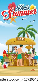 Hello summer greeting with beach activity at the beach bar