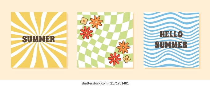 Hello Summer greeting card in 60s 70s retro style. Set of square card with trippy psychedelic checkerboard background and vintage lettering. Poster with daisy flowers. Vector funky hippie illustration