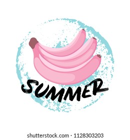 Hello Summer greeting card with Banana flat style. Hand drawn Hello Summer lettering on sketchy ink background.