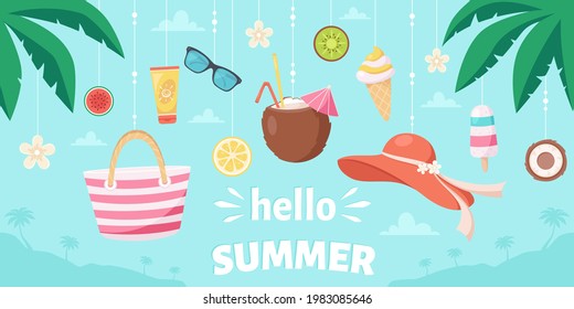 Hello summer greeting card. Beach hat, pina colada, sunglasses, sunscreen, tropical flower, ice cream and fruits. Vector illustration