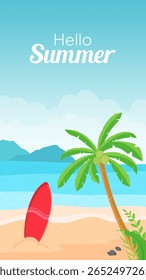 Olá cartão de saudação de verão com fundo de praia e prancha de surfe. Modelo de cartaz de férias na praia