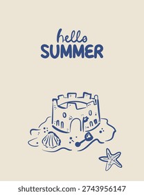 Hello Summer greeting card with doodle vacation elements in line style. Hand drawn sand castle, sea shell, star fish. Suitable for branding, packaging, posters and seasonal design.