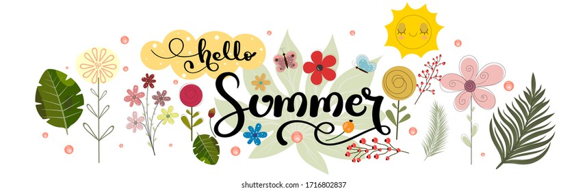 Hello summer. Hello SUMMER! greeting card with flowers and leaves vector. Hello Summer illustration.